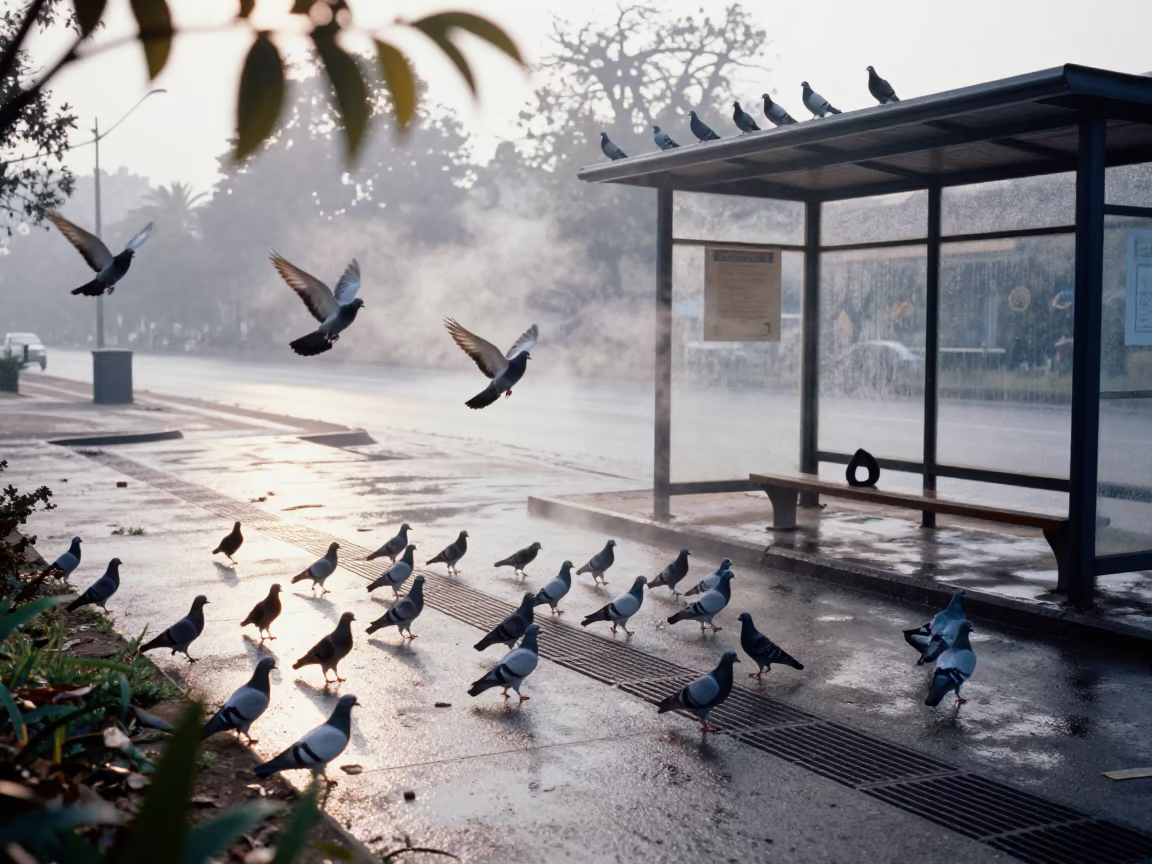 Dawn Pigeons Rising From Yaounde Street Corner in beside a steamed-up bus shelter in Yaounde