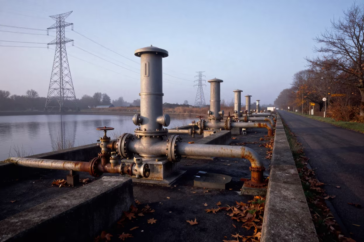 Dawn Pipes and Valves Belfast Reservoir in beneath transmission towers near Belfast