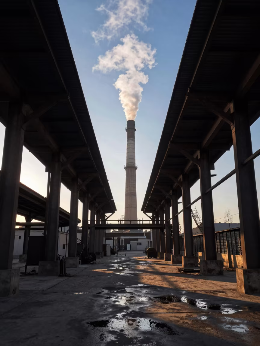 Dawn Plume from Industrial Chimney Stack in in a welding bay near Zarqa
