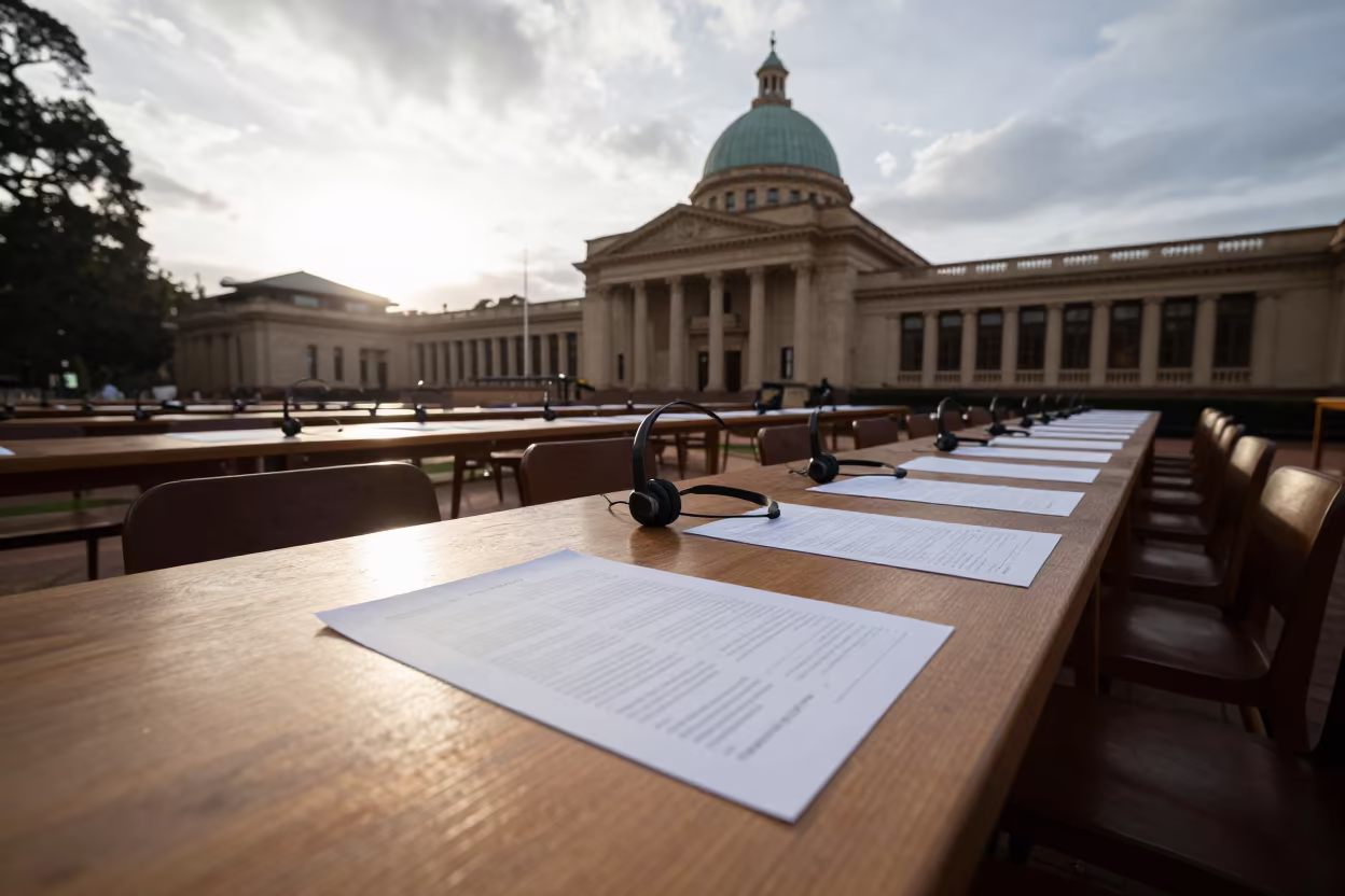 Dawn Polling Station Table Headset South Africa in inside a council chamber in Pietermaritzburg