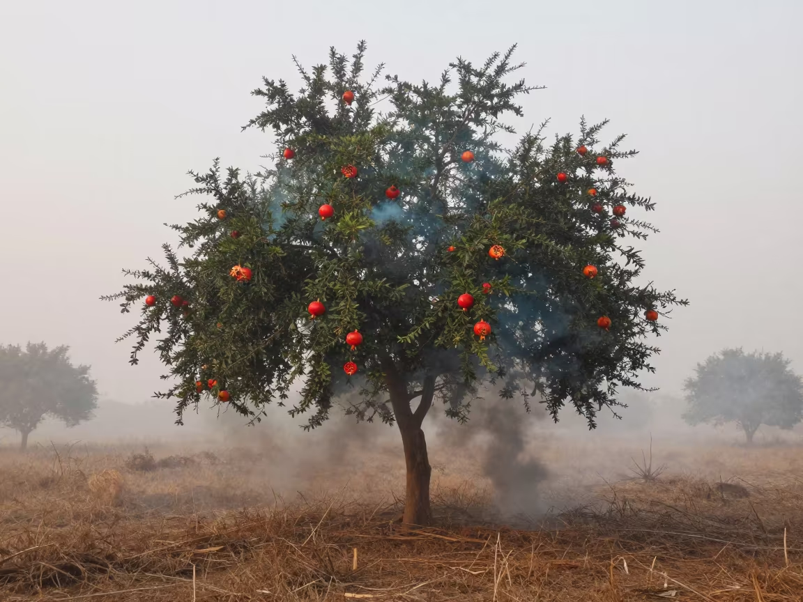 Dawn Pomegranate Tree with Downward Falling Smoke in near Dharashiv
