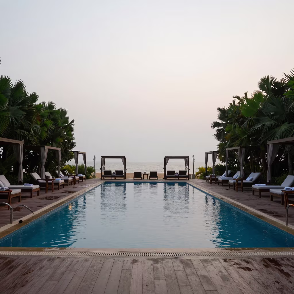 Dawn Pool Deck Reset at Phnom Penh Beachfront Cabanas in along a beachfront cabana row in Phnom Penh