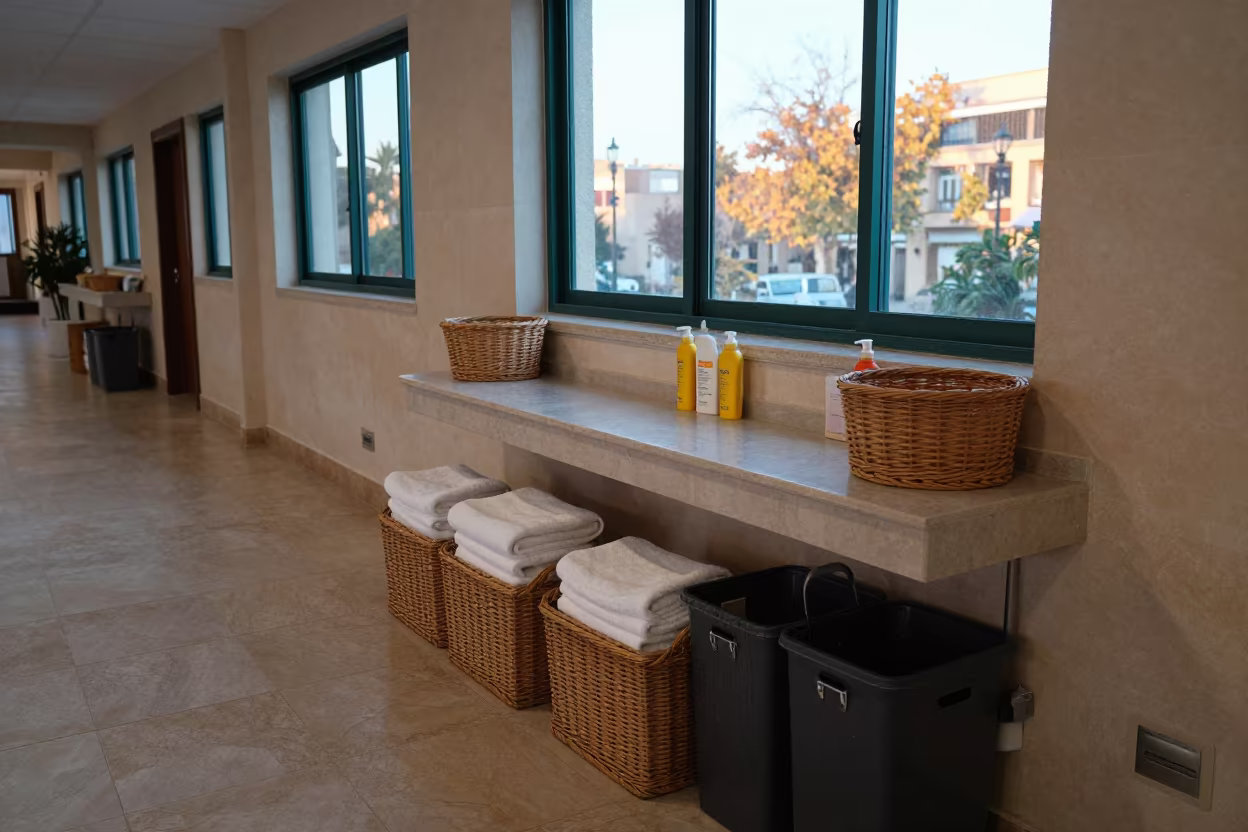 Dawn Pool Towel Station Damascus Hospitality in in a quiet guest corridor in Damascus