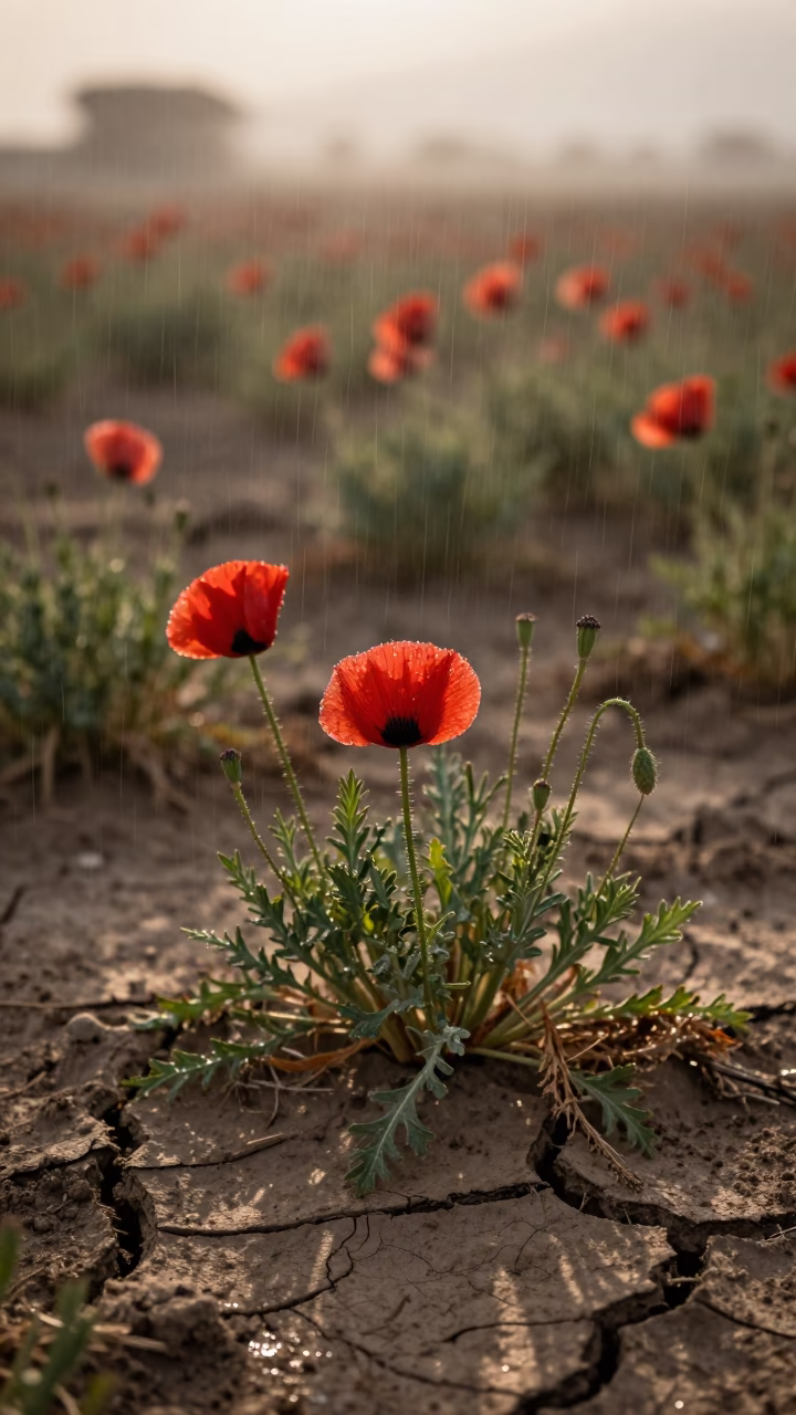 Dawn Poppy Patch Saudi Arabia Fog Rain in in Saudi Arabia