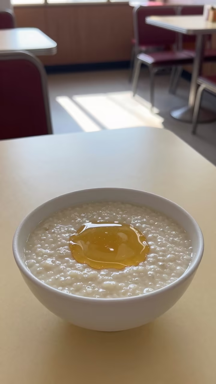 Dawn Porridge with Honey Drizzle at Taoyuan Diner in at a roadside diner table in Taoyuan