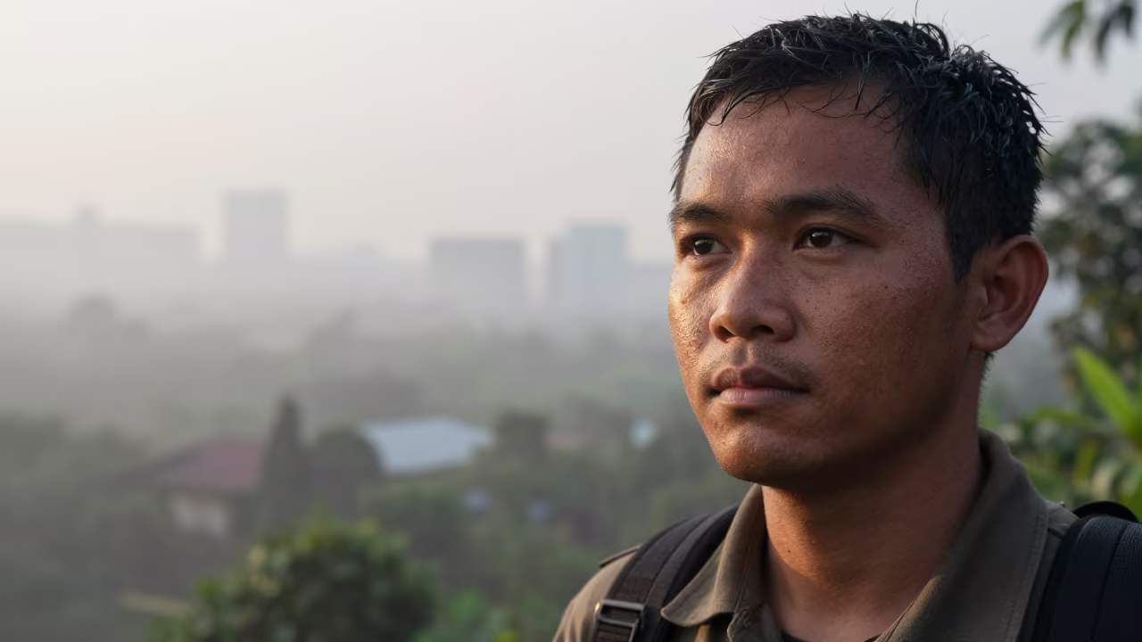 Dawn Portrait of Jungle Guide with Mosquito Welts in in Jakarta