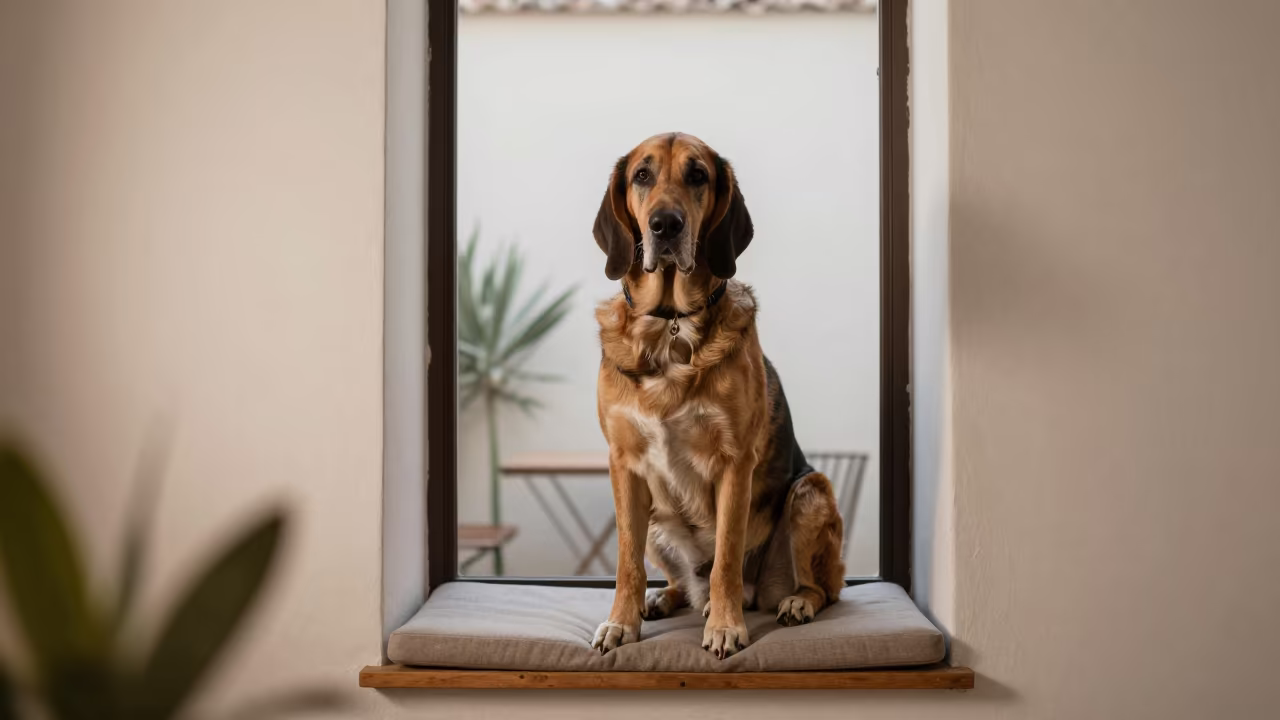 Dawn Portrait of Bloodhound on Window Seat in Santiago in on a cushioned window seat with soft side light and an uncluttered background in Santiago