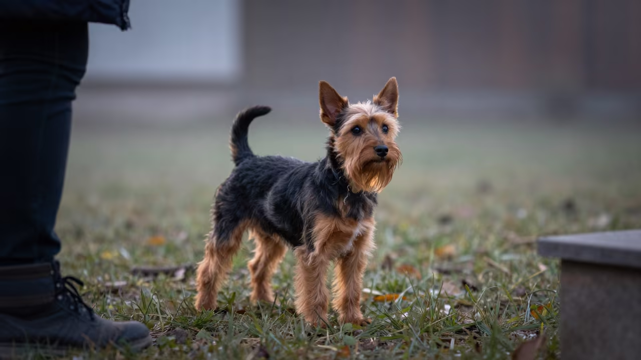 Dawn Portrait of Toy Manchester Terrier in Kastamonu Yard in in a small yard with clipped grass, calm light, and the animal centered in frame near Kastamonu