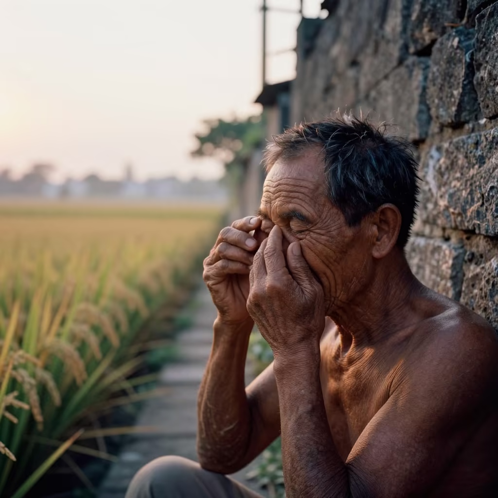 Dawn Portrait of Rice Farmer in Ho Chi Minh Alley in in a narrow stone alley near District 3, Ho Chi Minh City