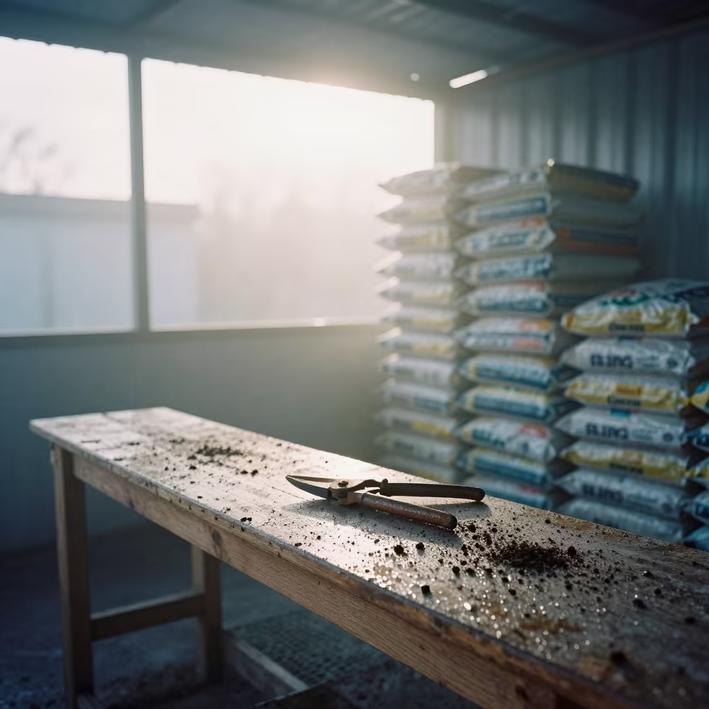 Dawn Potting Bench Rusted Shears Bursa in inside a machine shed with seed bags stacked high in Bursa