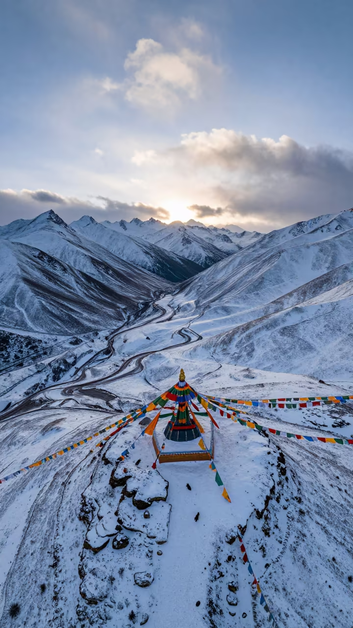 Dawn Prayer Flags Over Snowy Lhasa Mountain Pass in along a high mountain pass beneath prayer flags near Lhasa