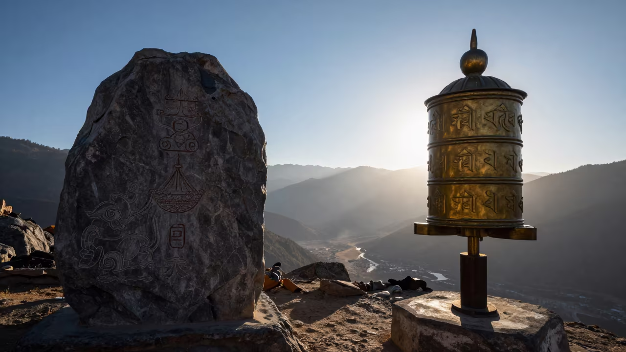 Dawn Prayer Wheel Silhouette Thimphu Valley in at a rocky saddle overlooking a mountain valley near Thimphu