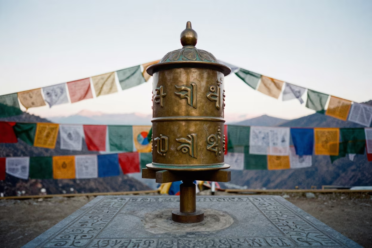 Dawn Prayer Wheel Stone Thimphu Mountain Pass in along a high mountain pass beneath prayer flags near Thimphu