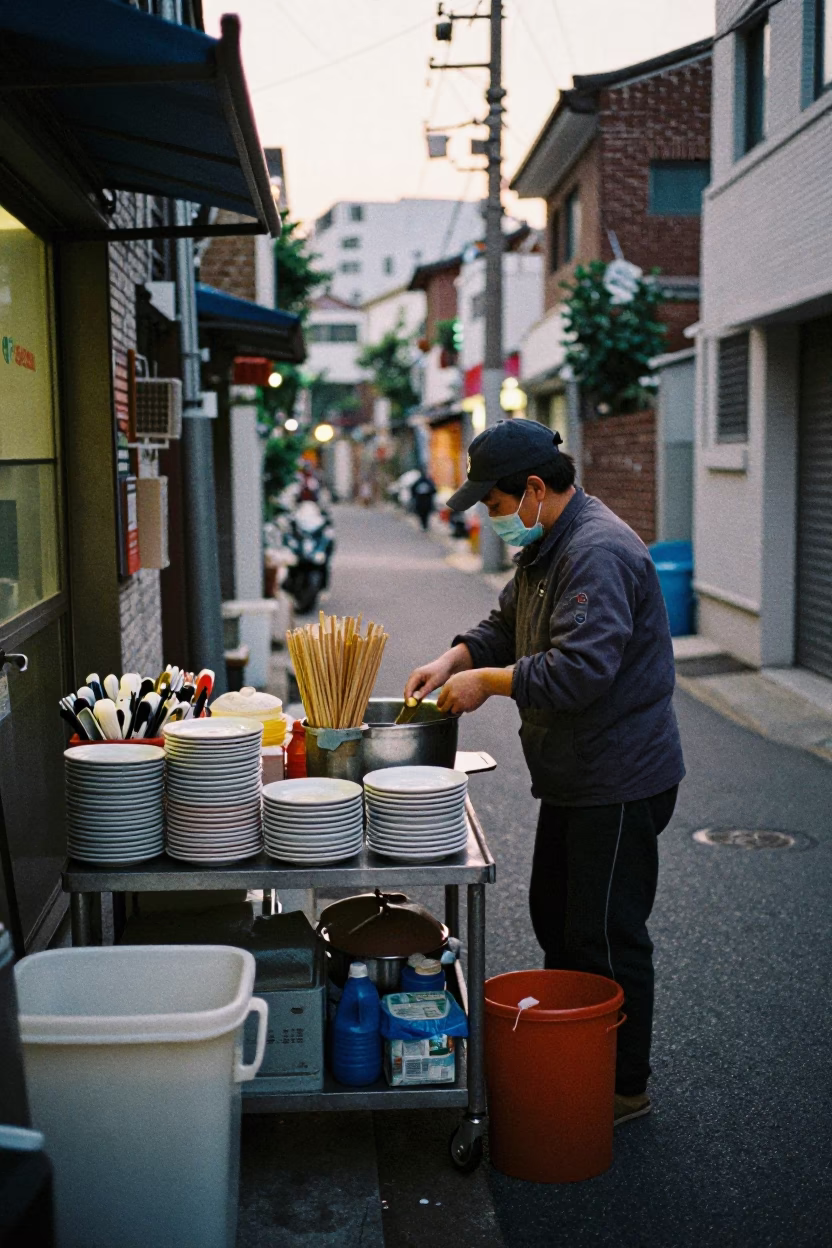 Dawn Prep in Seoul Alleyway Stacked Plates and Utensil Crocks in in Seoul, South Korea