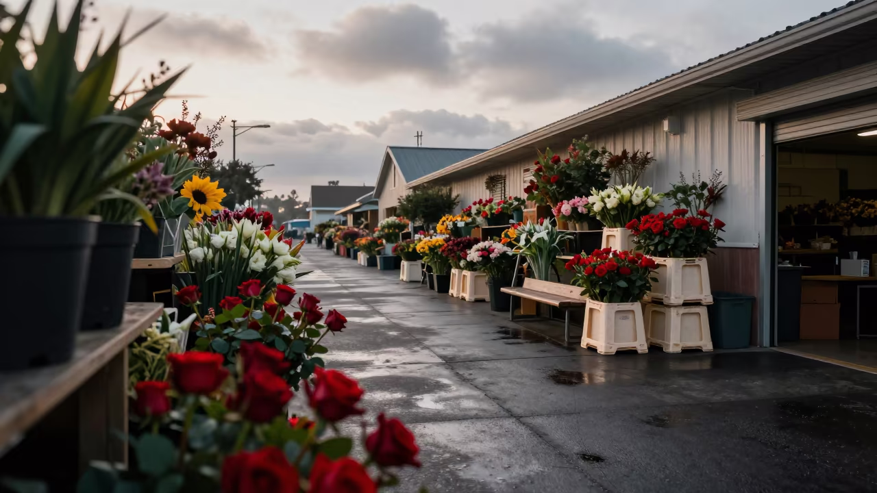 Dawn Produce Alley Flower Auction San Diego in at a flower auction bench in San Diego