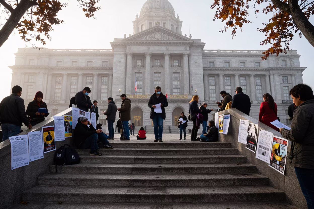 Dawn Queue at Campeche City Hall Steps in on the steps of city hall in San Francisco de Campeche
