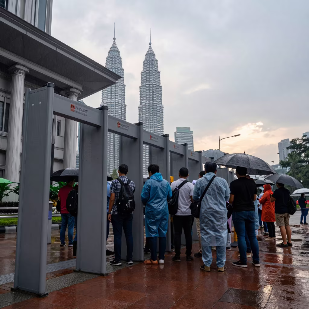 Dawn Queue at KLCC Courthouse Metal Detector Entrance in outside a polling station entrance near KLCC, Kuala Lumpur