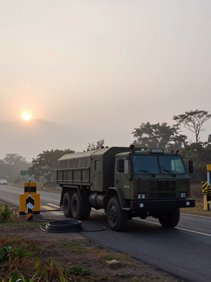 Dawn Radar Truck Checkpoint Nicaragua Fog in at a checkpoint lane in Nicaragua