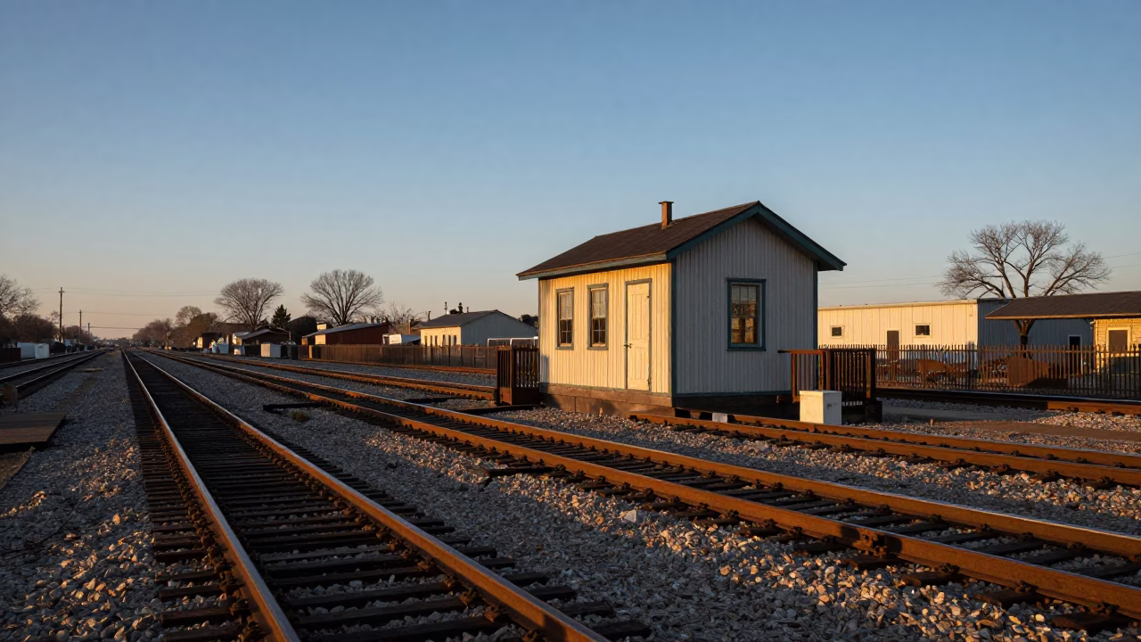 Dawn Railway Signal Cabin Beside Switch Tracks in Chicago Illinois Industrial Landscape in in Chicago, Illinois, United States