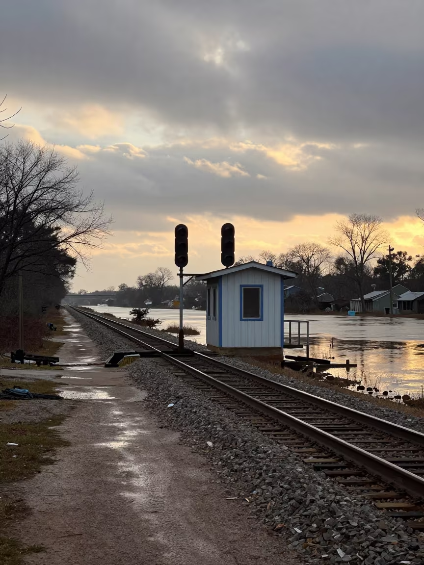 Dawn Railway Signal Cabin Beside Switch Tracks in along a levee path above floodwater in Oklahoma