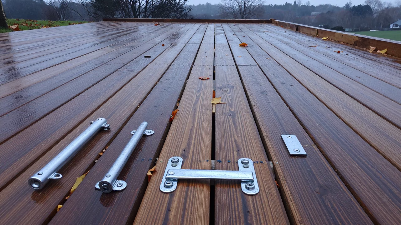 Dawn Rain on Construction Door Template Board in on an active construction deck in Portugal