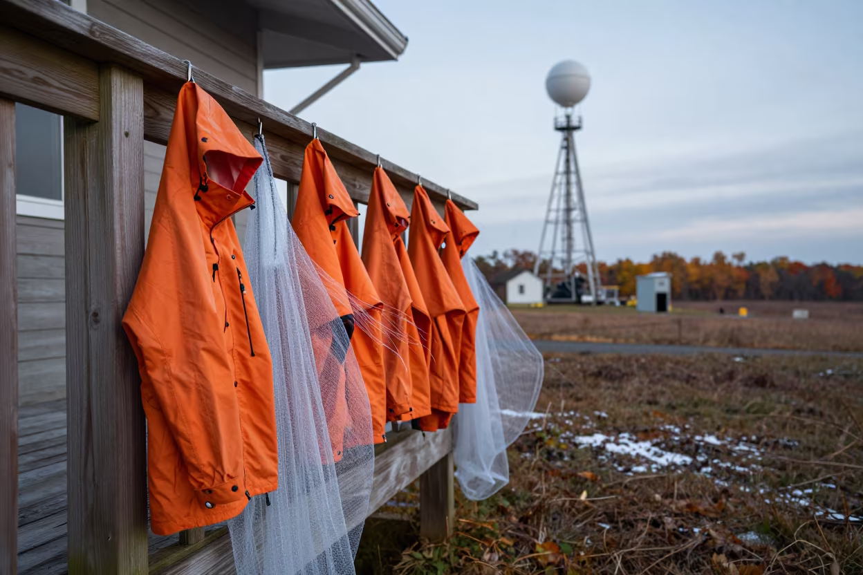Dawn Rain Gear on Field Station Porch in near a weather balloon launch site in Rhode Island