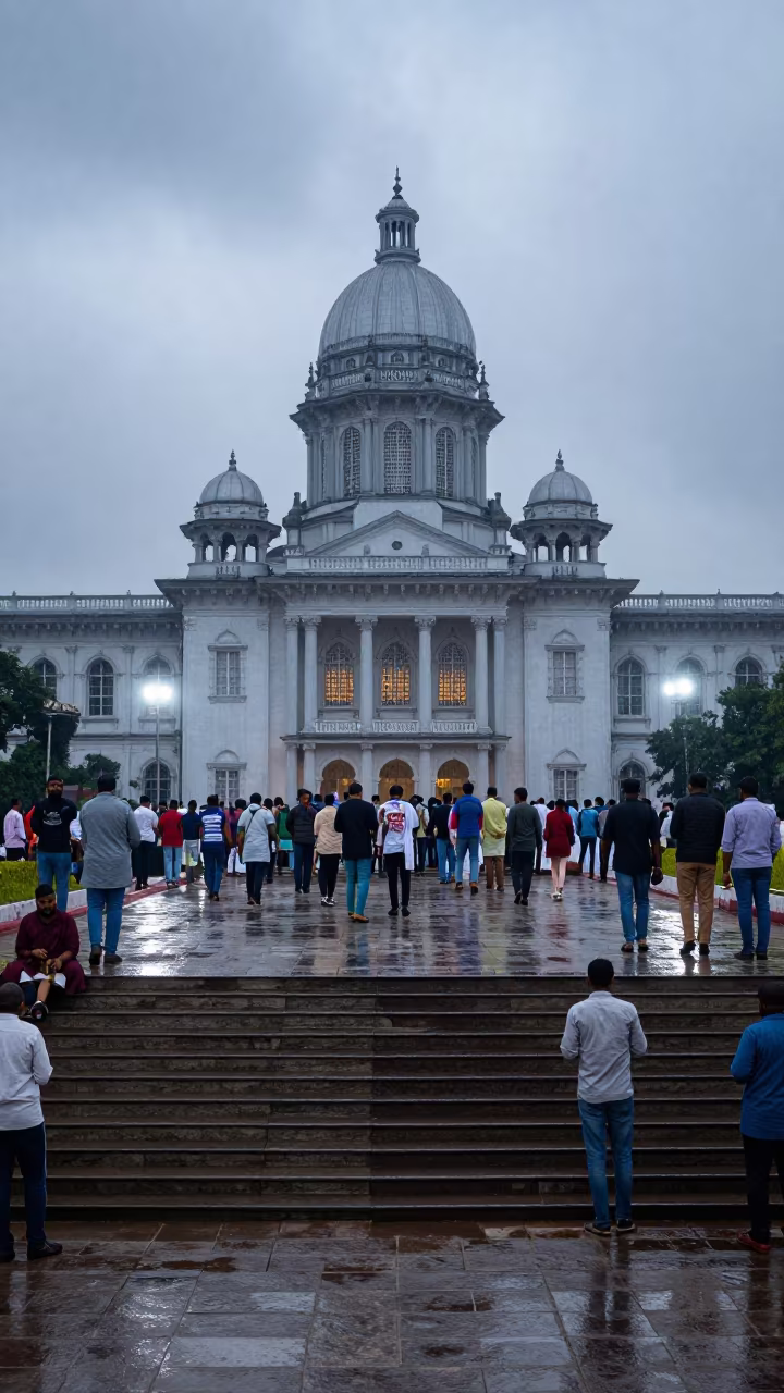 Dawn Rally at Bidar City Hall Steps in on the steps of city hall near Bidar