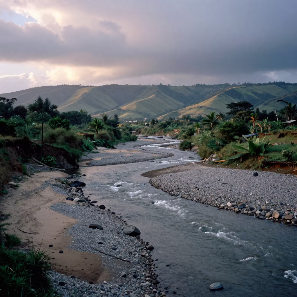Dawn Rays Over Braided Riverbed in Mbanza Kongo in from a ridge above layered foothills near M'banza-Kongo