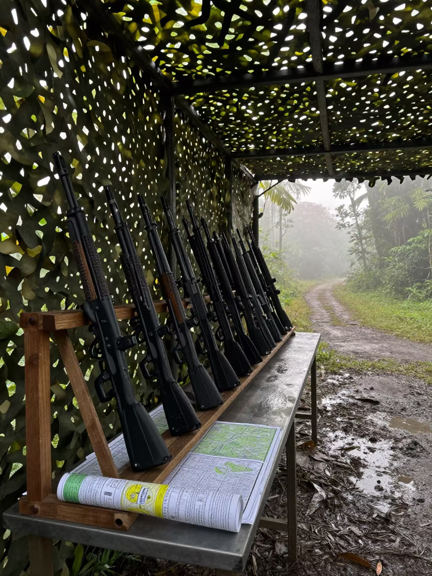 Dawn Readiness Inside Para Camouflage Shelter in beneath a camouflage net shelter in Pará