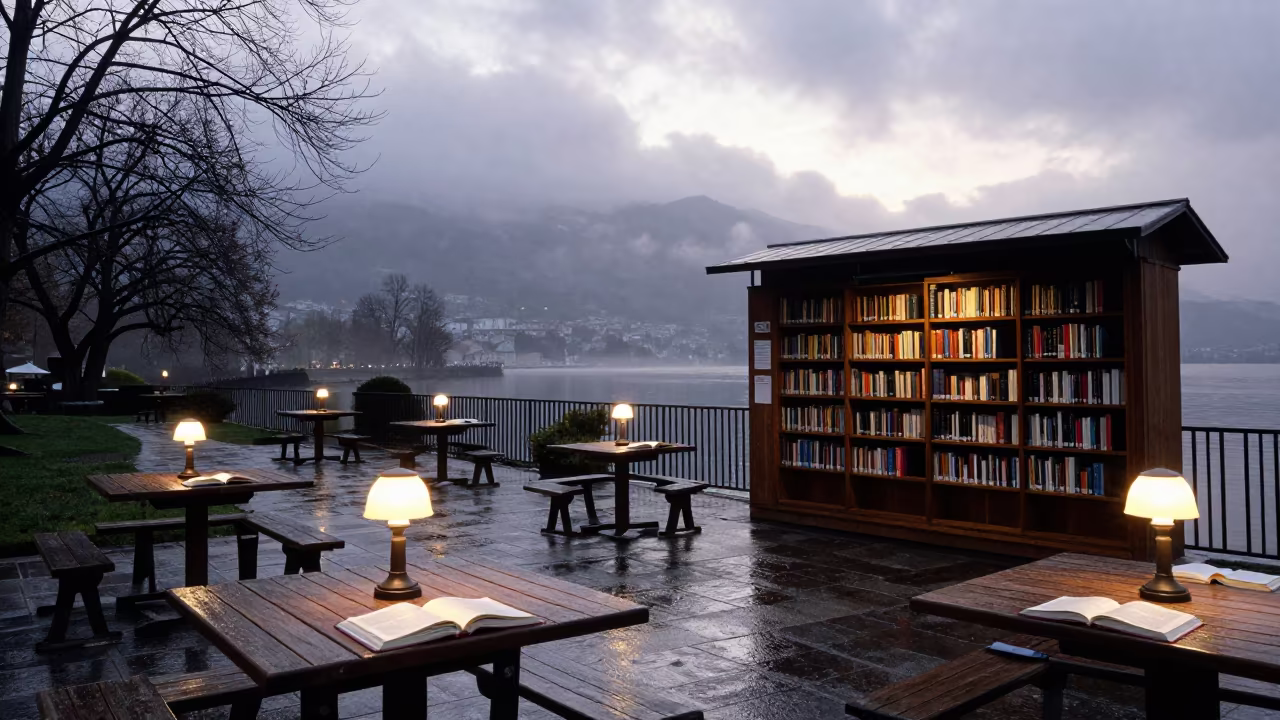 Dawn Reading Room in Rain-Washed Courtyard in across a rain-washed campus courtyard near Annecy