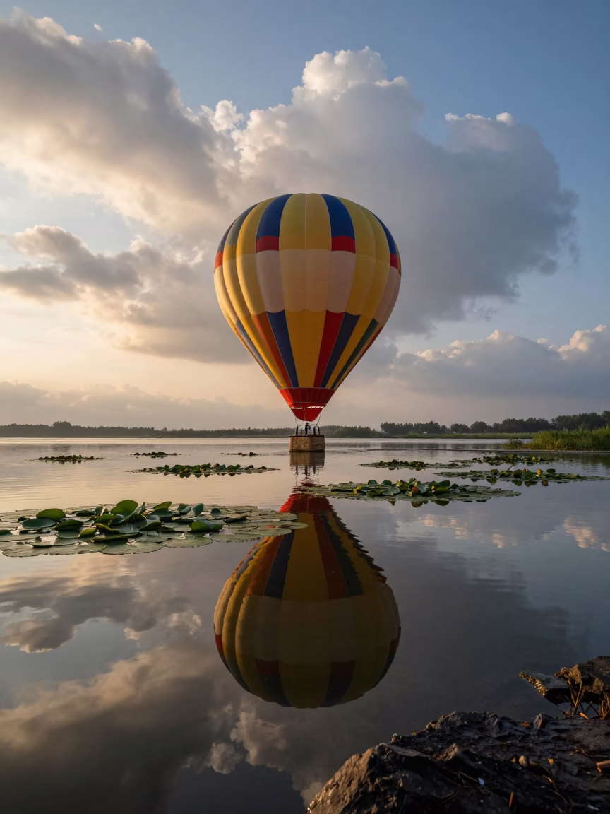 Dawn Reflection of Hot Air Balloon on Hunan Lake in in Hunan