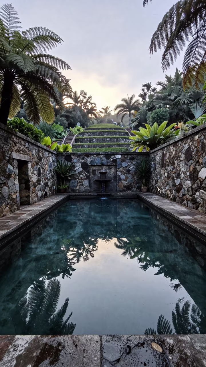 Dawn Reflection in Winter Sacred Spring Pool in among terraced garden plots near Florianopolis