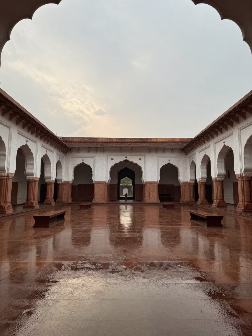 Dawn Reflections in Ahmedabad Atrium Court in inside a vaulted atrium in Ahmedabad