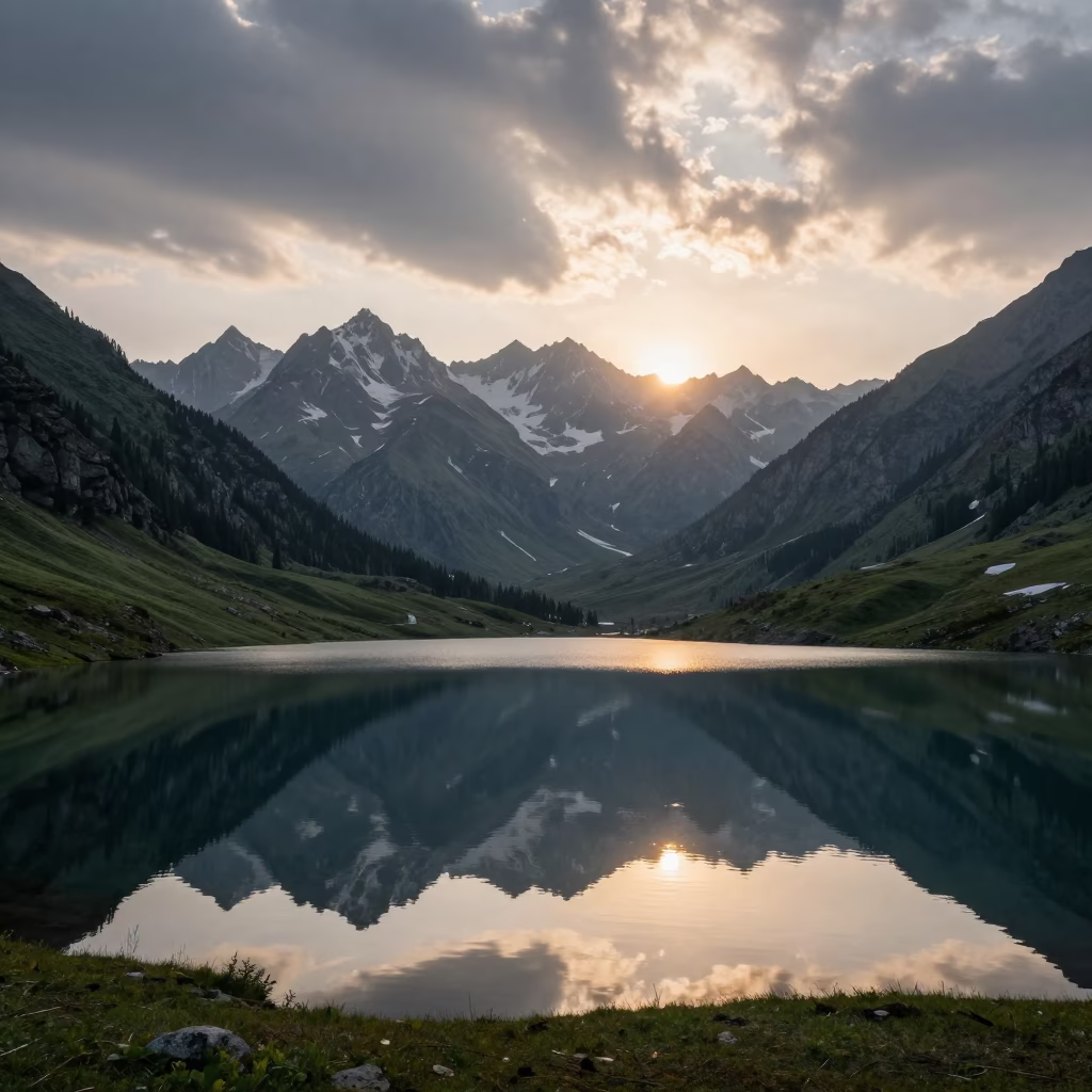 Dawn Reflections Over Almaty Mountain Lake in near Almaty