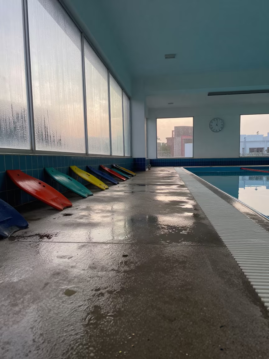 Dawn Reflections on Lap Pool Deck with Kickboards in inside a spin studio under class lights in Lubumbashi