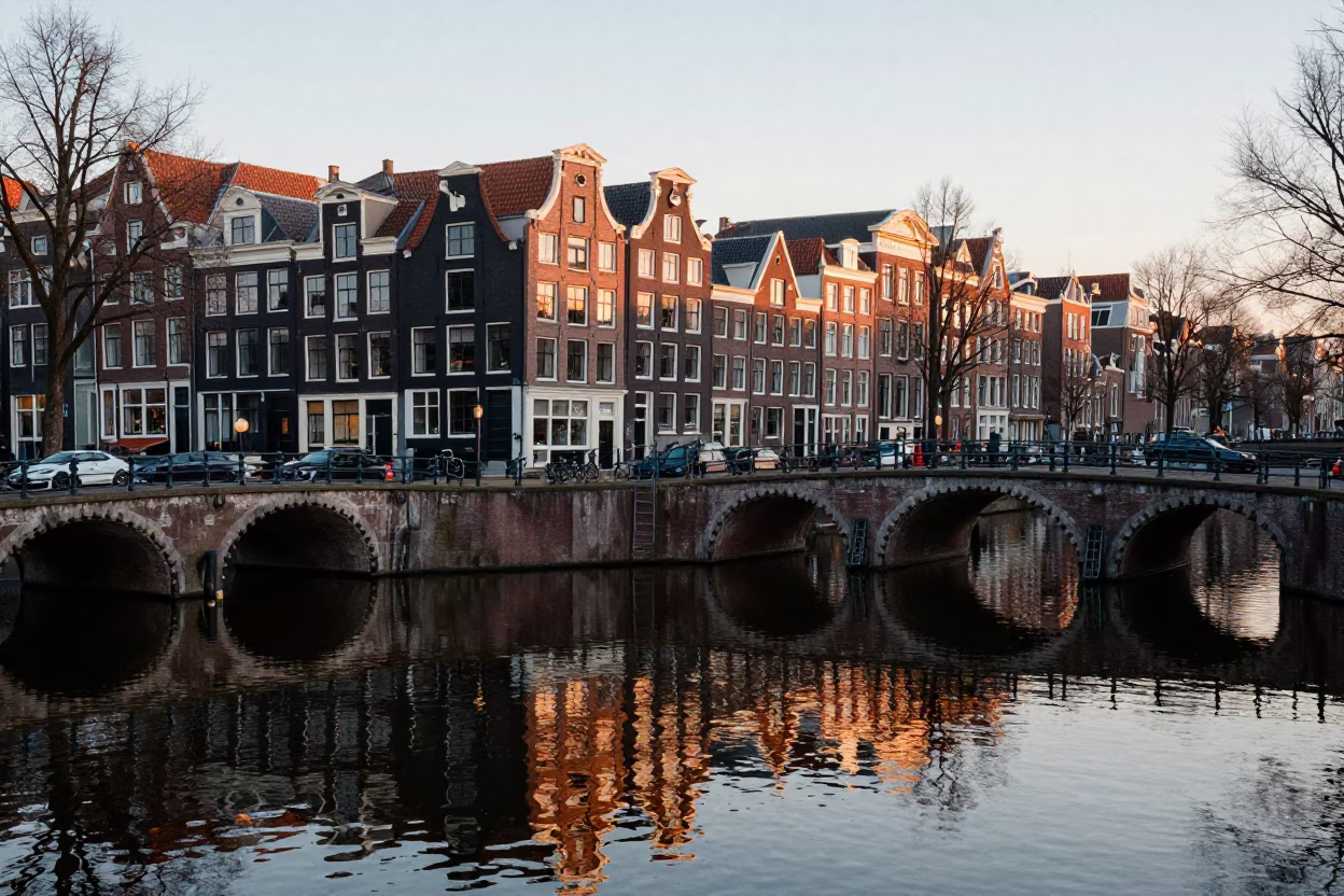 Dawn Reflections of Amsterdam Canal Houses and Bridge Piers in Early Morning Light in in Amsterdam, Netherlands