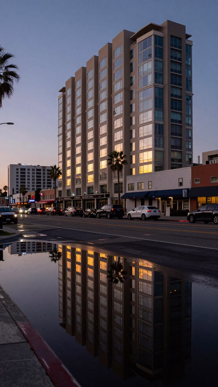 Dawn Reflections of Hotel Windows and Tail Lights in San Diego Puddle in in San Diego, California, United States