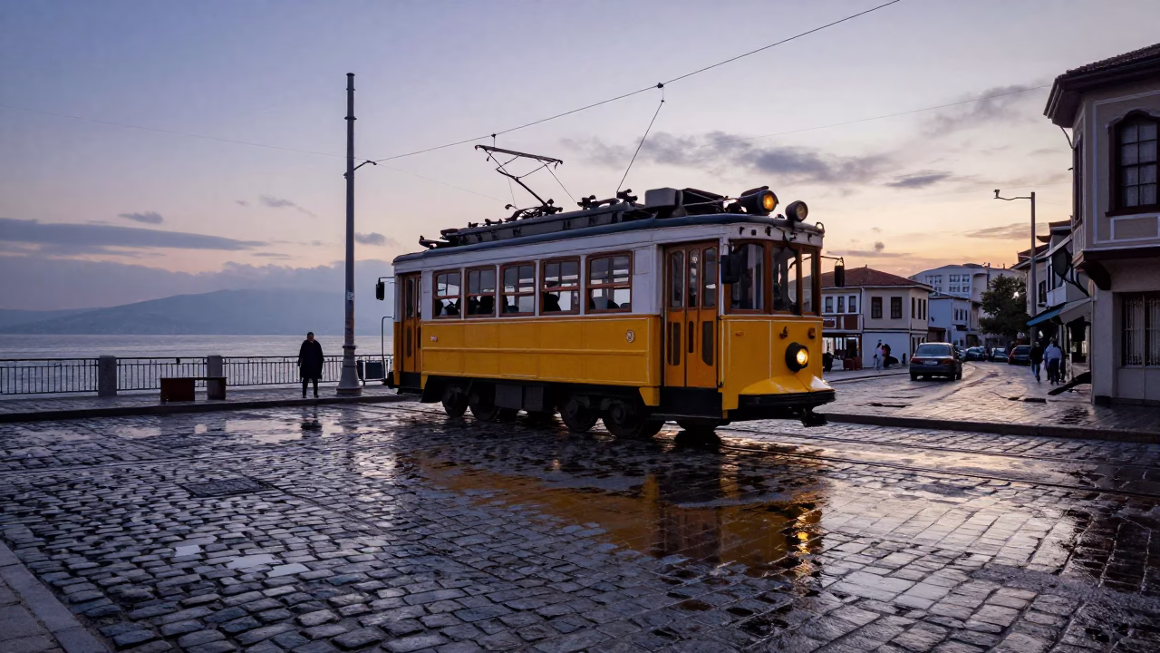 Dawn Reflections of Izmir Tram on Wet Cobblestones Near Kemeraltı Bazaar in in Izmir, Turkey