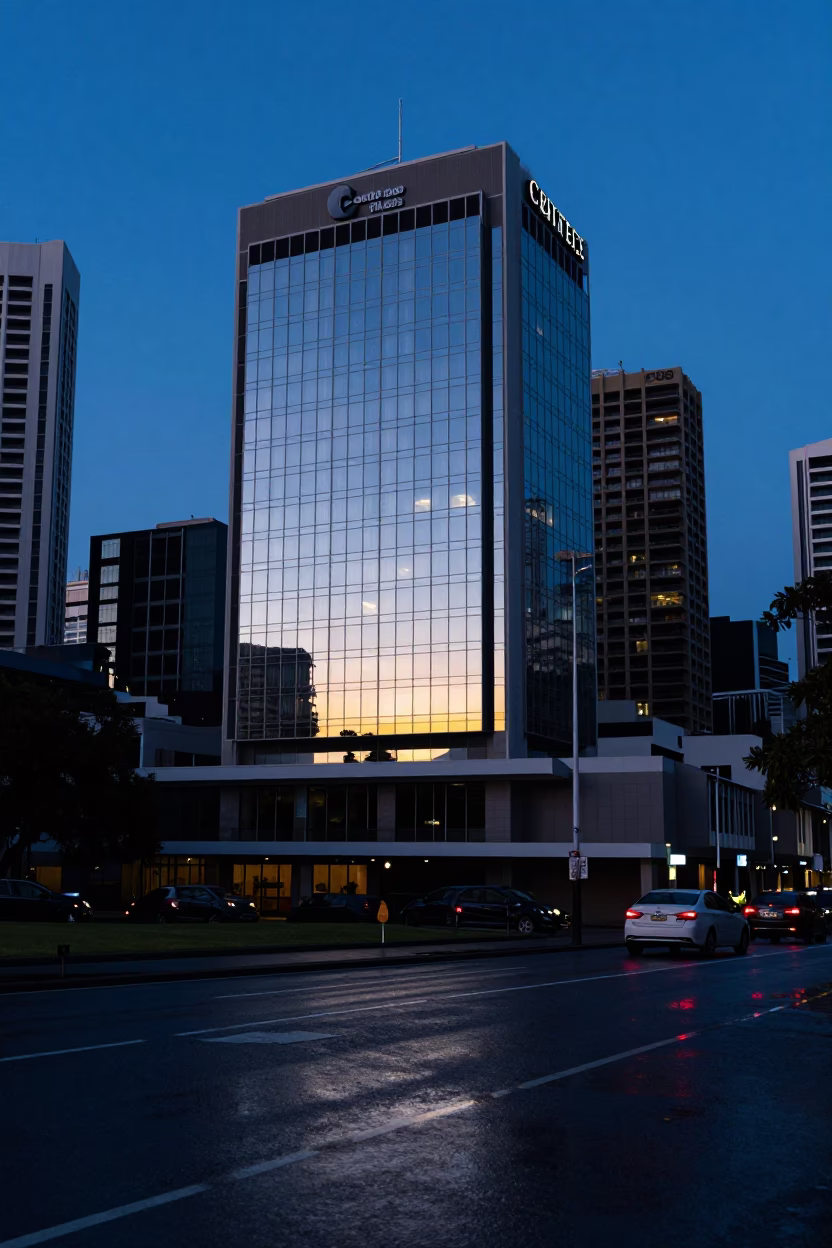 Dawn Reflections of Sydney CBD Hotel Windows and Tail Lights in Wet Puddle in in Sydney, New South Wales, Australia
