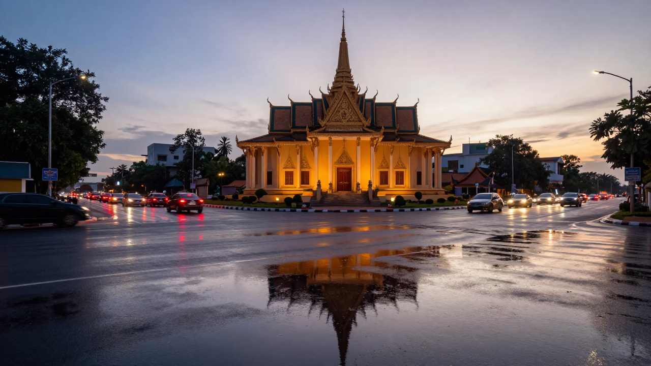 Dawn Reflections on Phnom Penh Streets with Wet Asphalt and Hotel Lights in in Phnom Penh, Cambodia