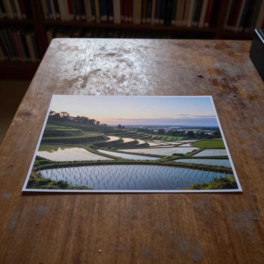Dawn Reflections on Terraced Paddy Hills in on a dusty library table in Newcastle upon Tyne