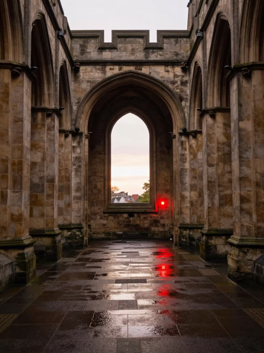 Dawn Reflections on Wet Asphalt in Vaulted York Atrium in inside a vaulted atrium near York