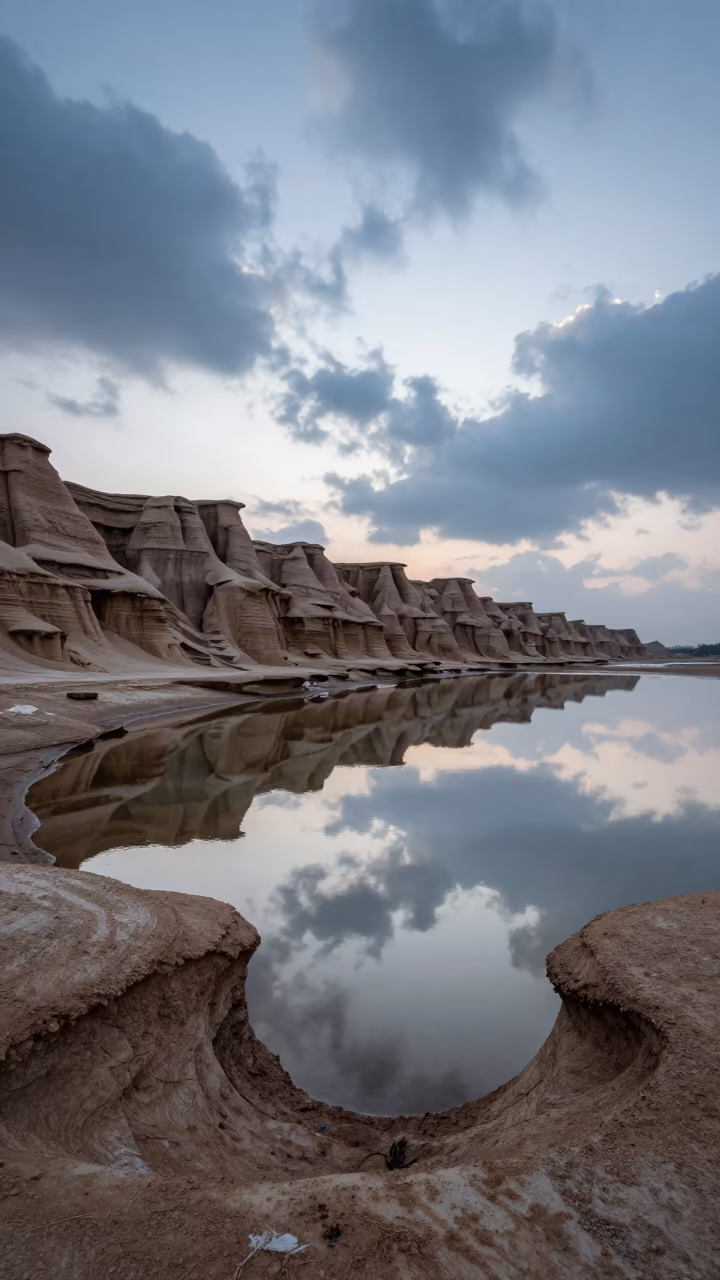 Dawn Reflections on Wind-Carved Clay Ridges in along a wave-cut shoreline in Rajasthan