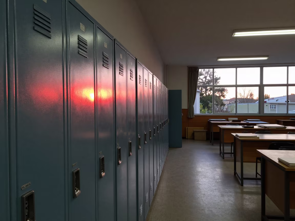 Dawn Reflections on Woodshop Lockers in in a woodshop classroom near Alcobendas