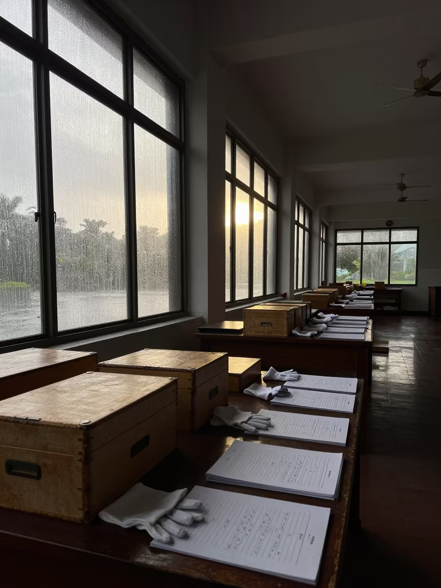 Dawn Rehearsal Boxes Monsoon Bor Hall in in a ceremonial hall in Bor