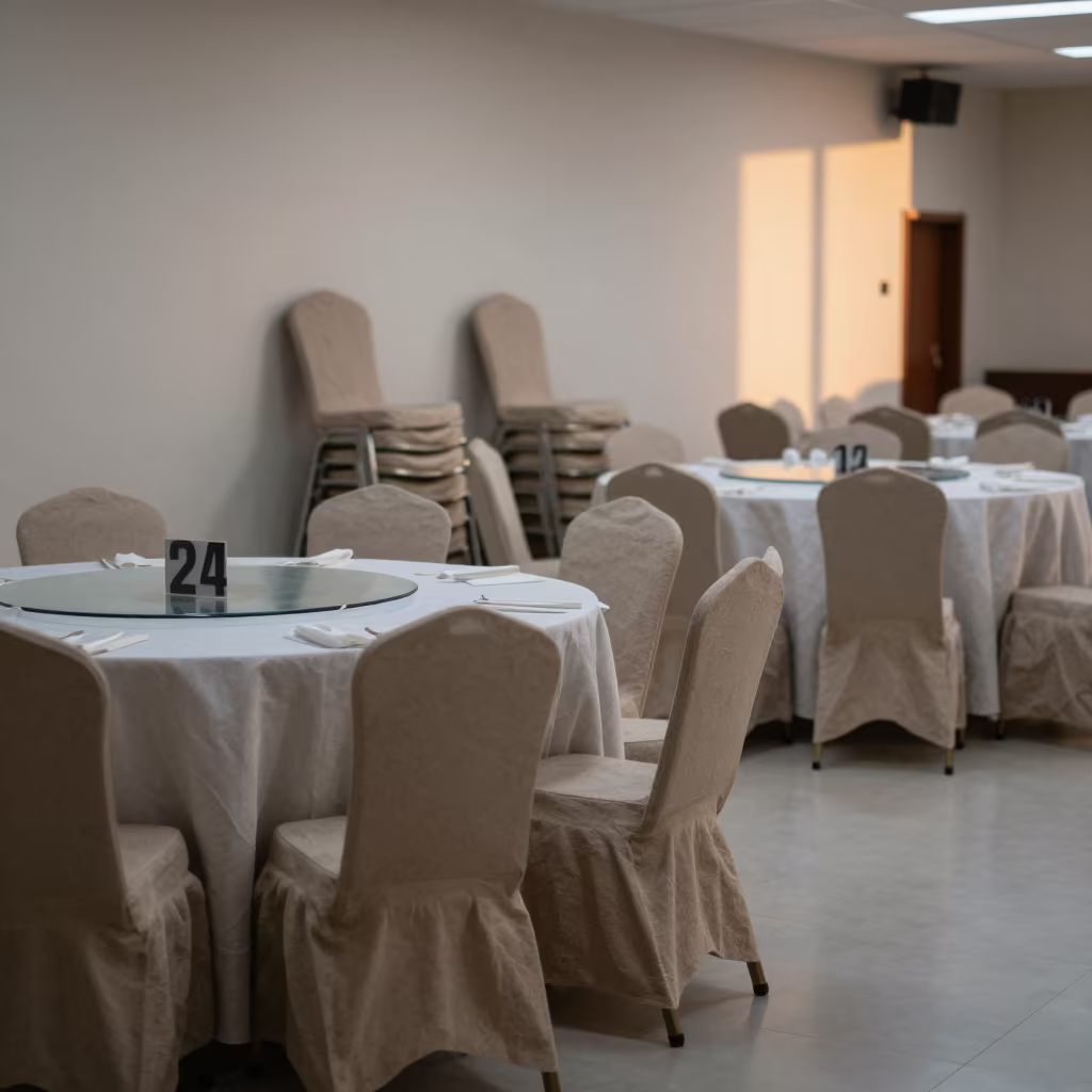 Dawn Reset Banquet Hall Shenzhen Tables Chairs in inside a breakfast room before opening in Shenzhen