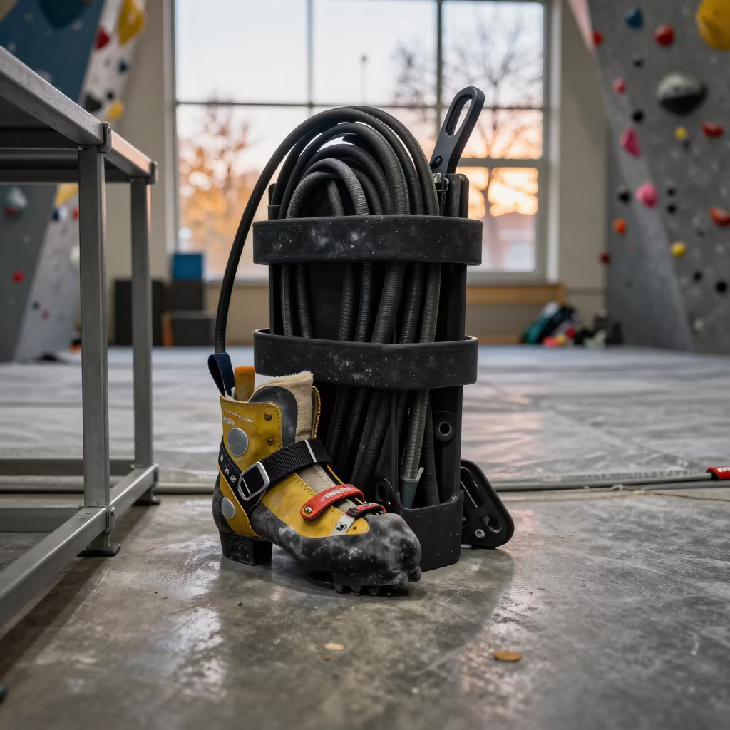 Dawn Reset Recovery Boot Hose Caddy in Szeged Gym in inside a climbing gym warmup zone in Szeged