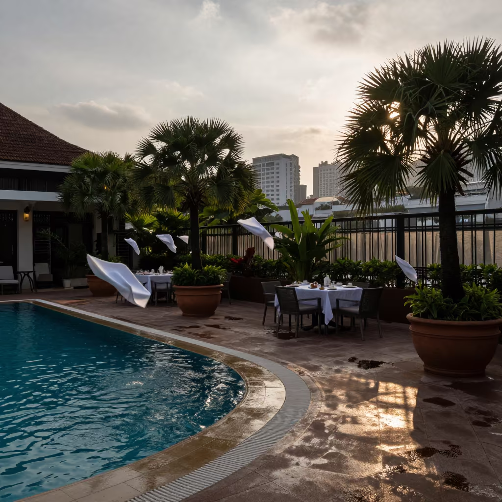 Dawn Resort Terrace with Wind Lifting Napkins in on a resort pool deck in District 4, Ho Chi Minh City
