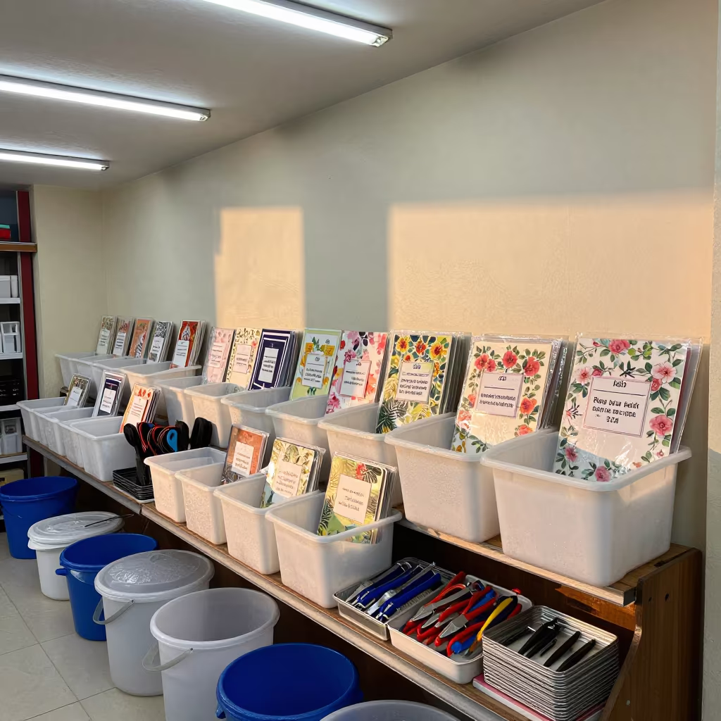 Dawn Retail Bin with Floral Cards in Djelfa Store in inside a storefront prepared for opening in Djelfa