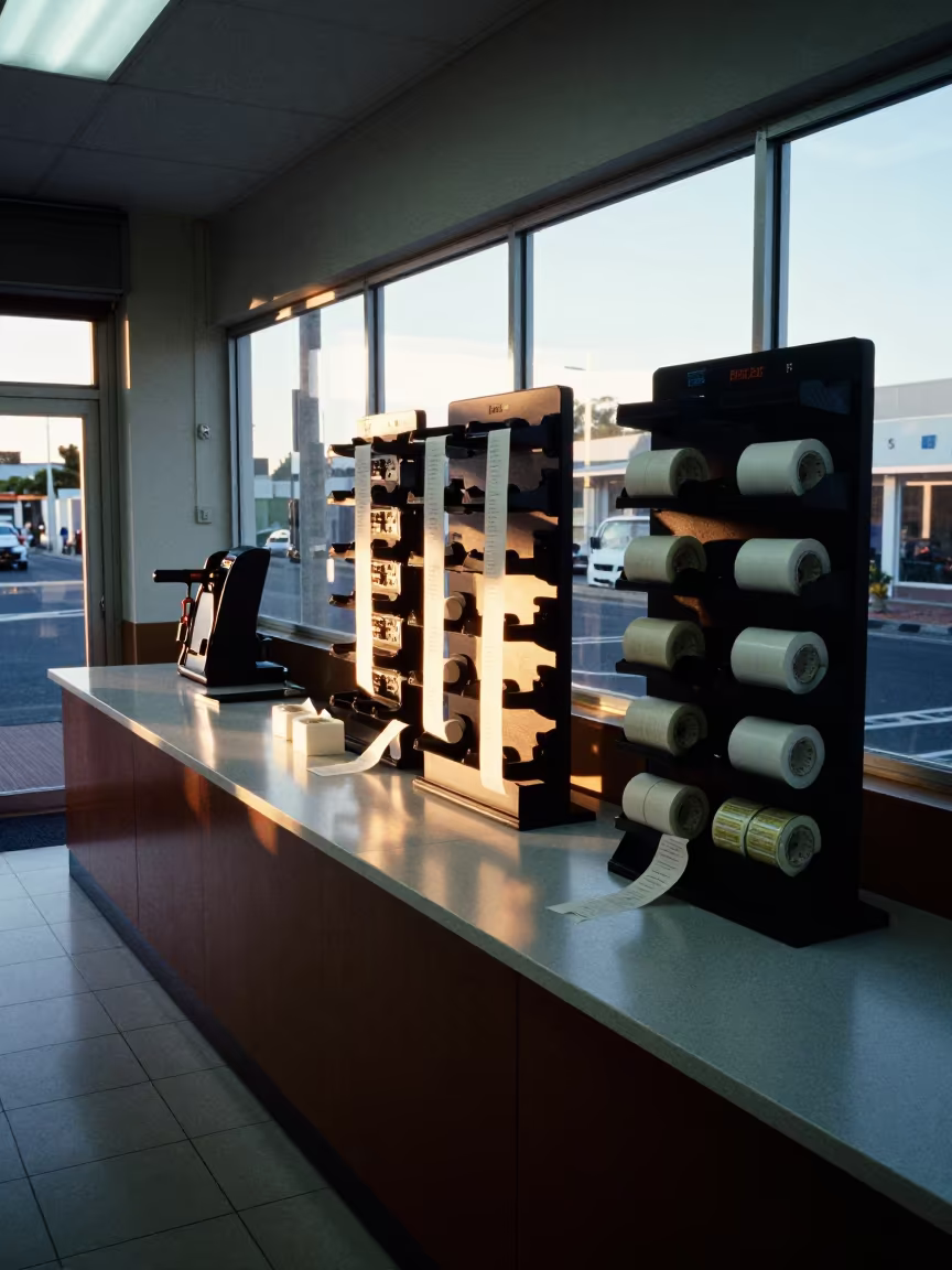 Dawn Retail Display Price Gun Charging Rack in along a front-of-store display run near Cape Town